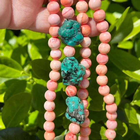 VINTAGE ANGEL SKIN CORAL &LARGE TURQUOISE BEADS LONG NECKLACE UNIQUE COLOR COMBO